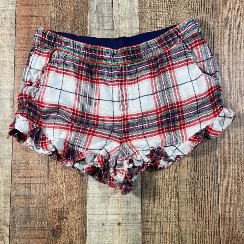 Aerie Red White Plaid Ruffle Hem Boxer Pajama Shorts Womens Medium